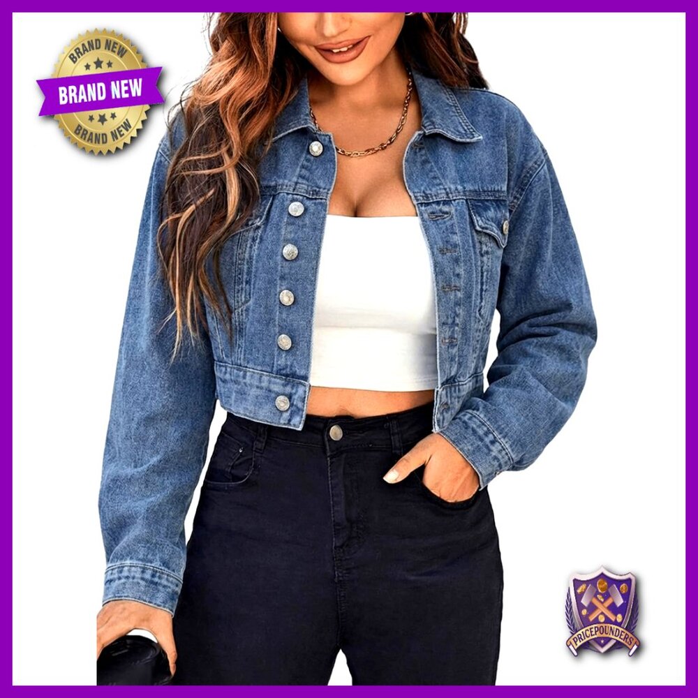 Cropped Denim Jacket Vintage Oversized Y2k Distressed Dark Wash Women's